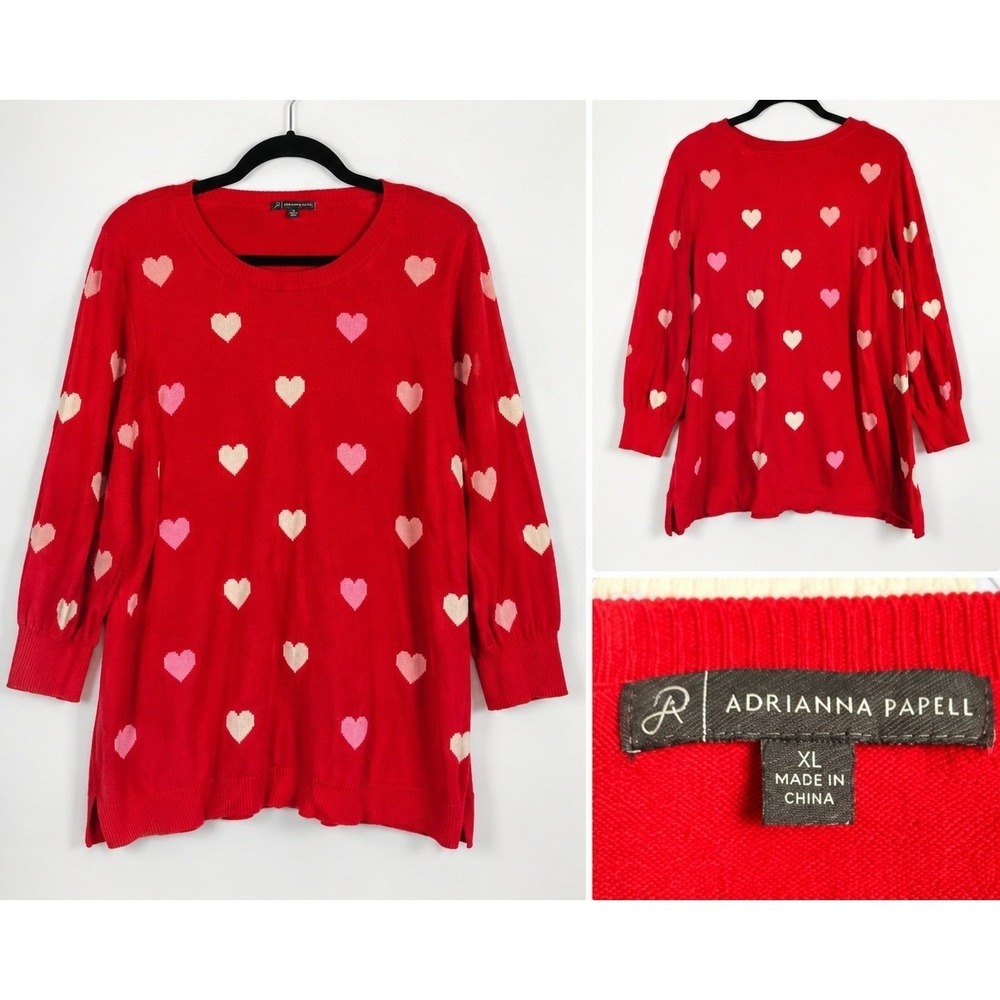 Adrianna Papell Red‎ Heart Print Knit Sweater XL 3/4 Puff Sleeve Valentines Day